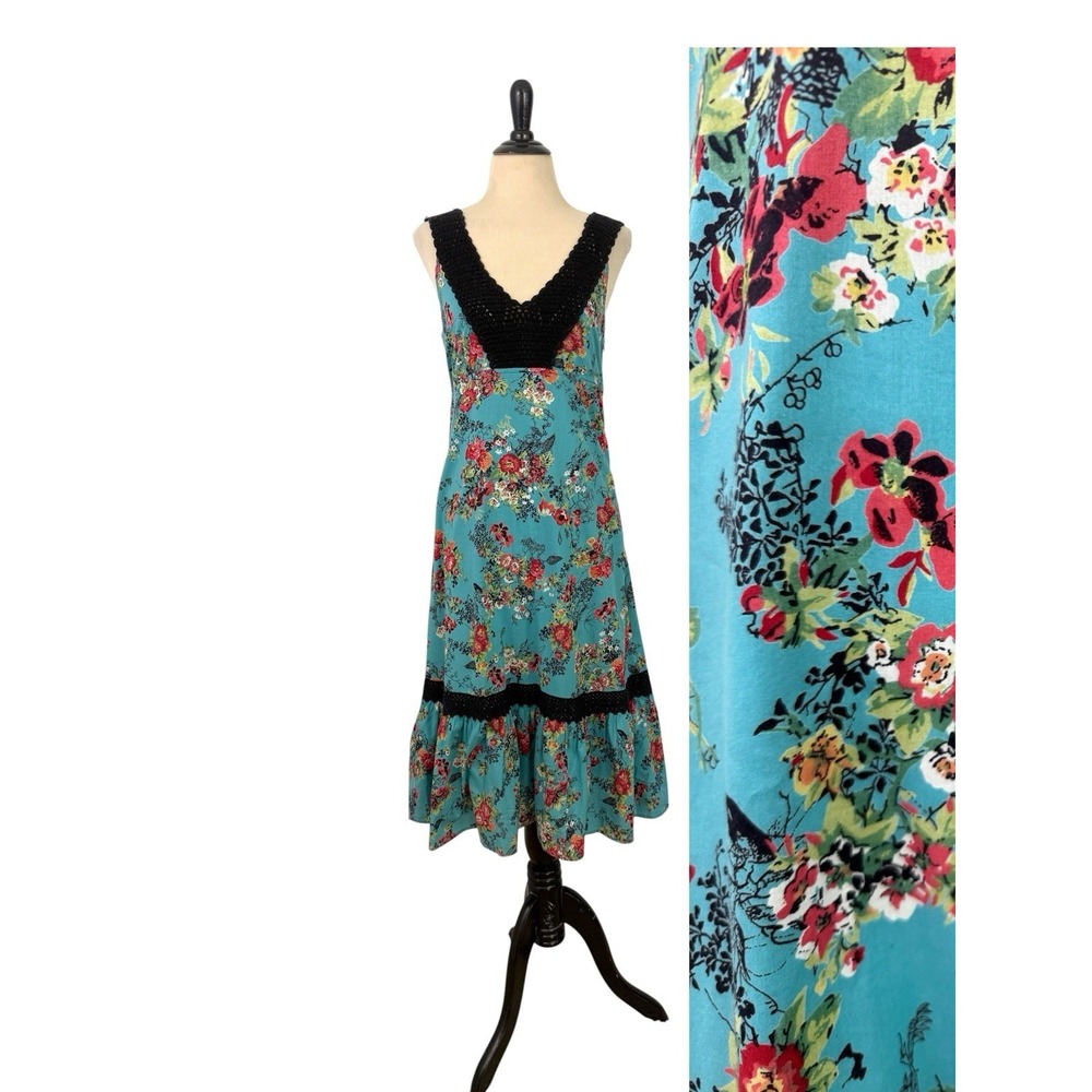 Buffalo Floral Babydoll Midi DRESS M Crochet Lace Y2K Cottage Boho Festival Teal